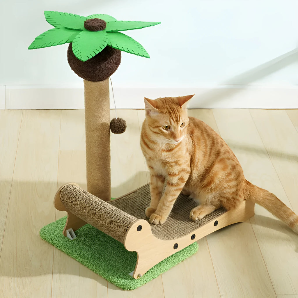 Wooden beach chair style cat climbing frame with chamfered columns and a natural hemp mat base.