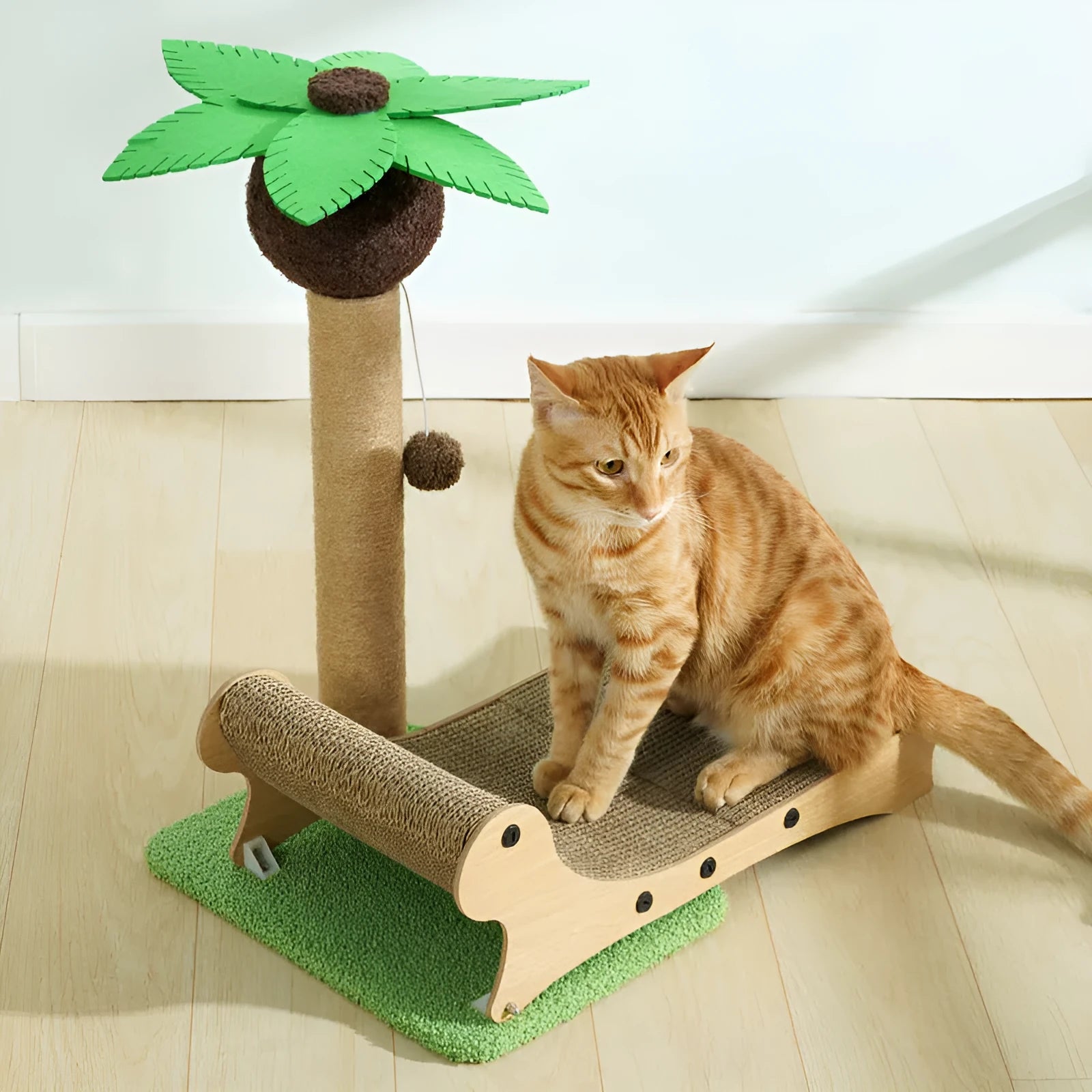 Wooden beach chair style cat climbing frame with chamfered columns and a natural hemp mat base.