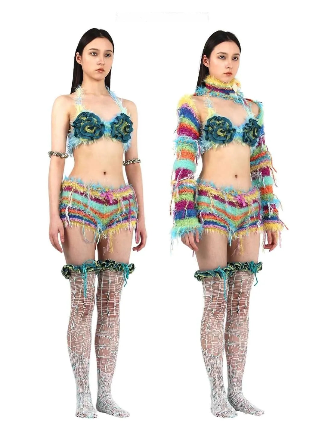 Blue floral bikini top with handmade wool knitting effect on woman model summer beachwear