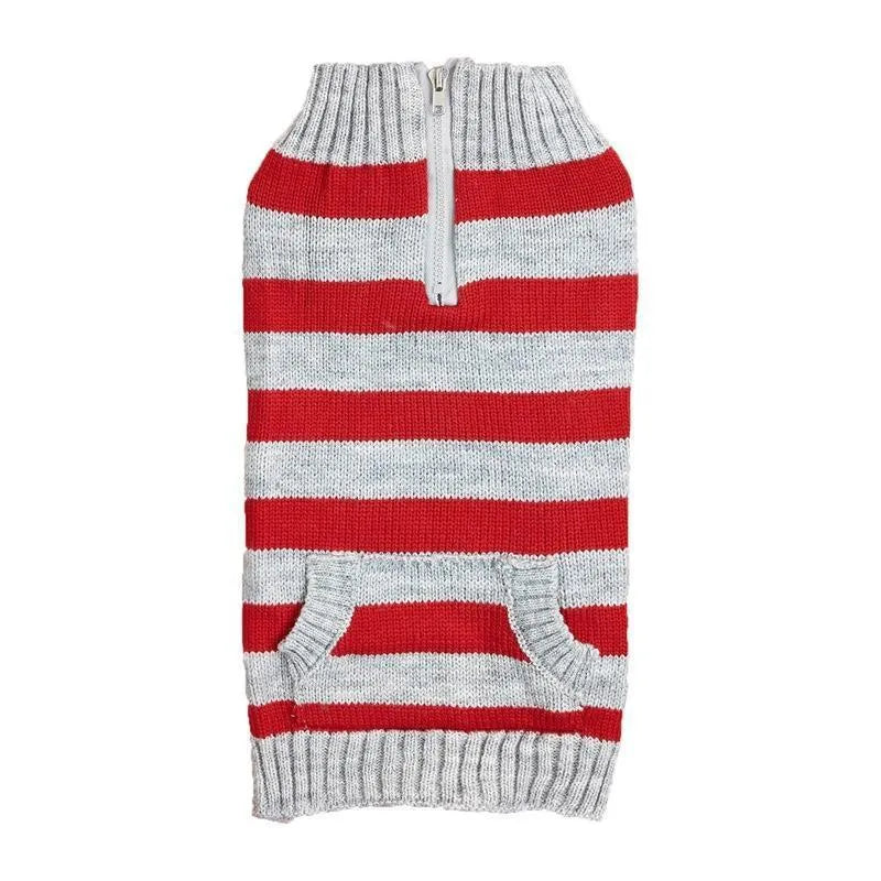 Grey dog sweater with contrast horizontal zipper and button pocket on a small dog