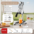 Stainless steel manual orange juicer with quick disassembly mechanism on a kitchen counter.