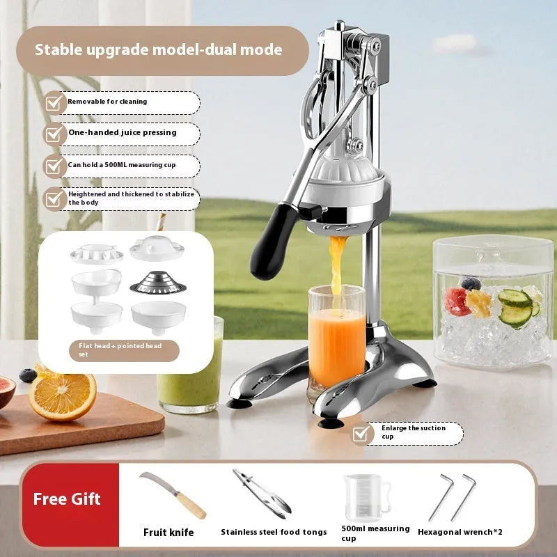 Stainless steel manual orange juicer with quick disassembly mechanism on a kitchen counter.