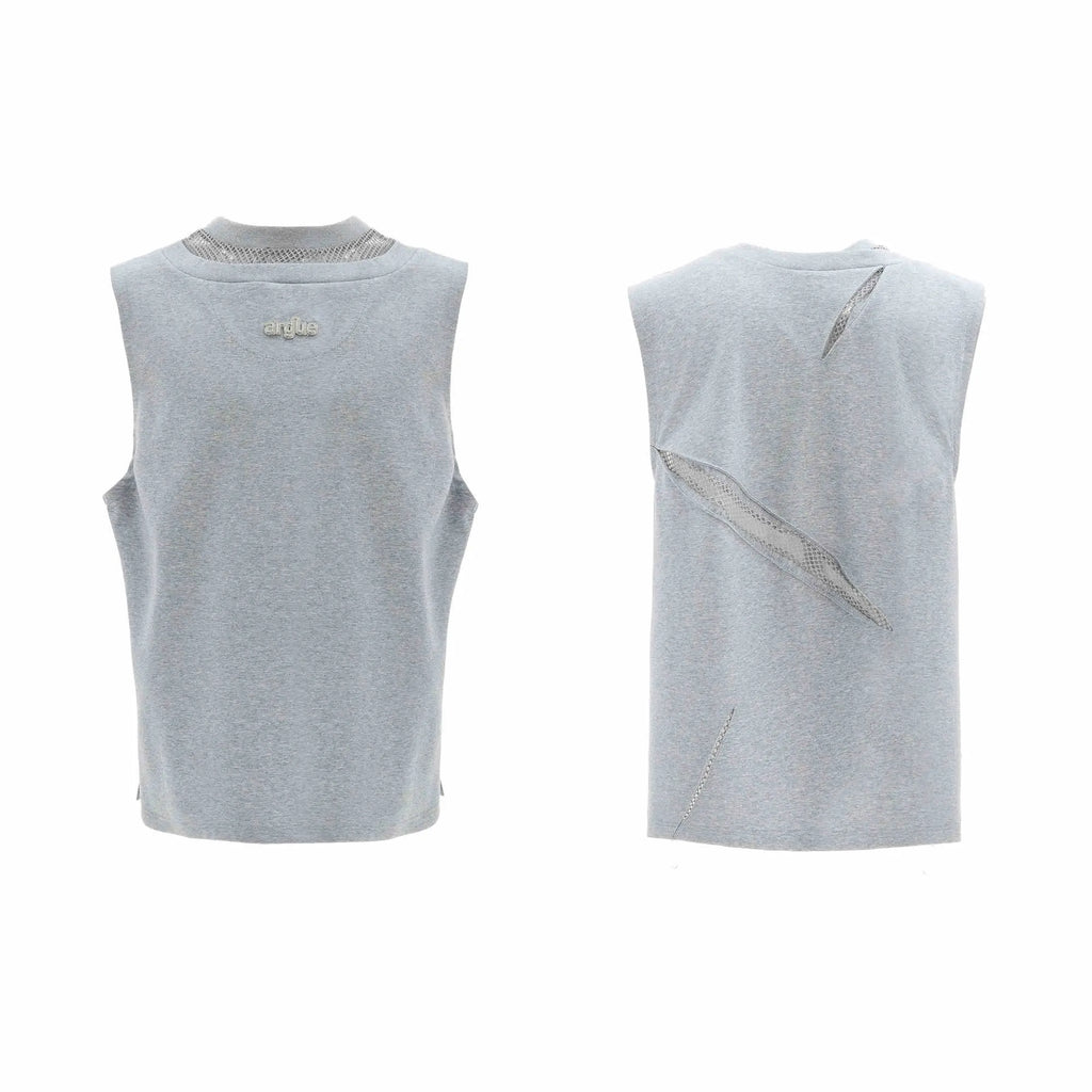 Niche 3D cutting hollow mesh sleeveless vest in black slim fit with metal decoration