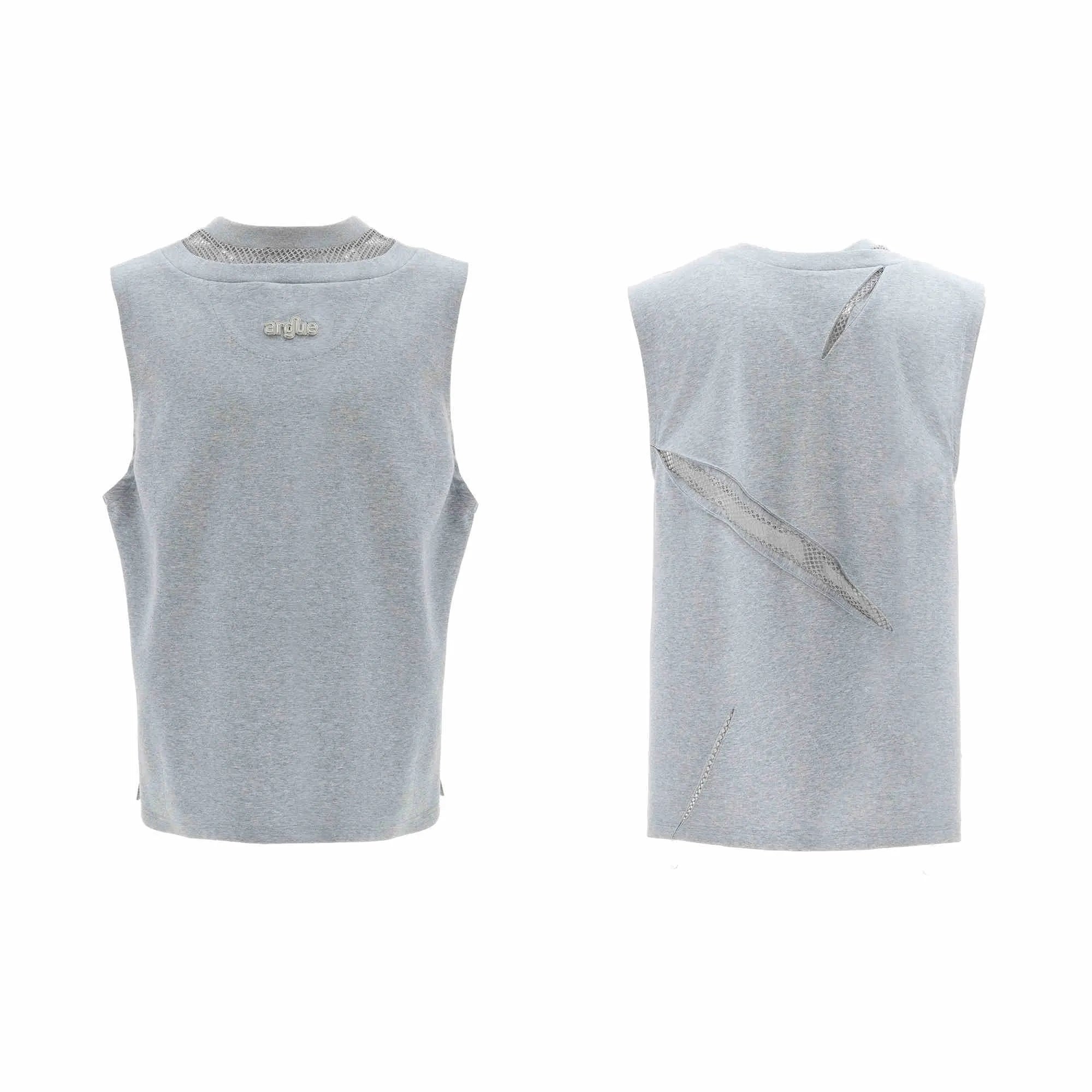 Niche 3D cutting hollow mesh sleeveless vest in black slim fit with metal decoration