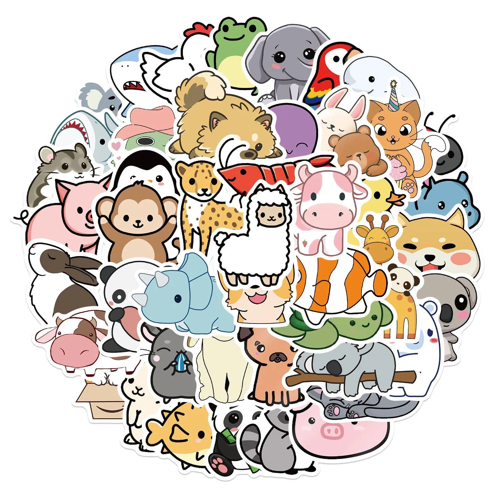 50 cartoon PVC waterproof stickers in assorted graffiti styles including astronaut, drink, and animal designs on a white background