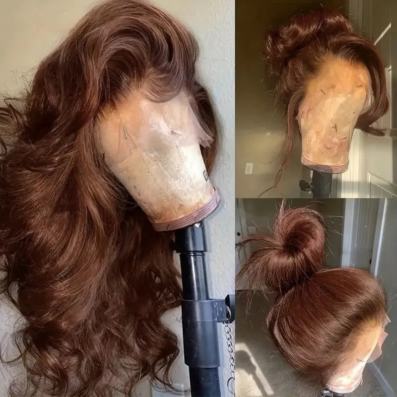 Women's long curly dark brown synthetic front lace wig with side fringe, shown on a model.