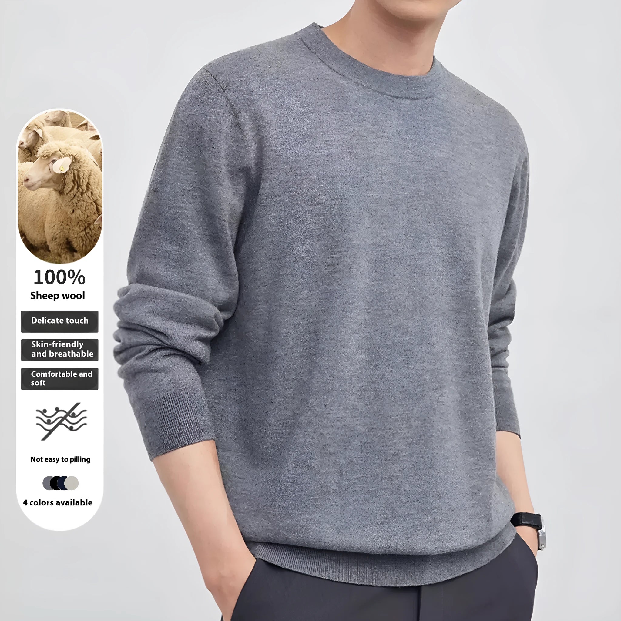 Men's wool pullover sweater in regular fit showing colour options including black, light grey, light camel, and green