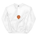 White printed hooded fleece sweatshirt with side seam pockets shown on a hanger.
