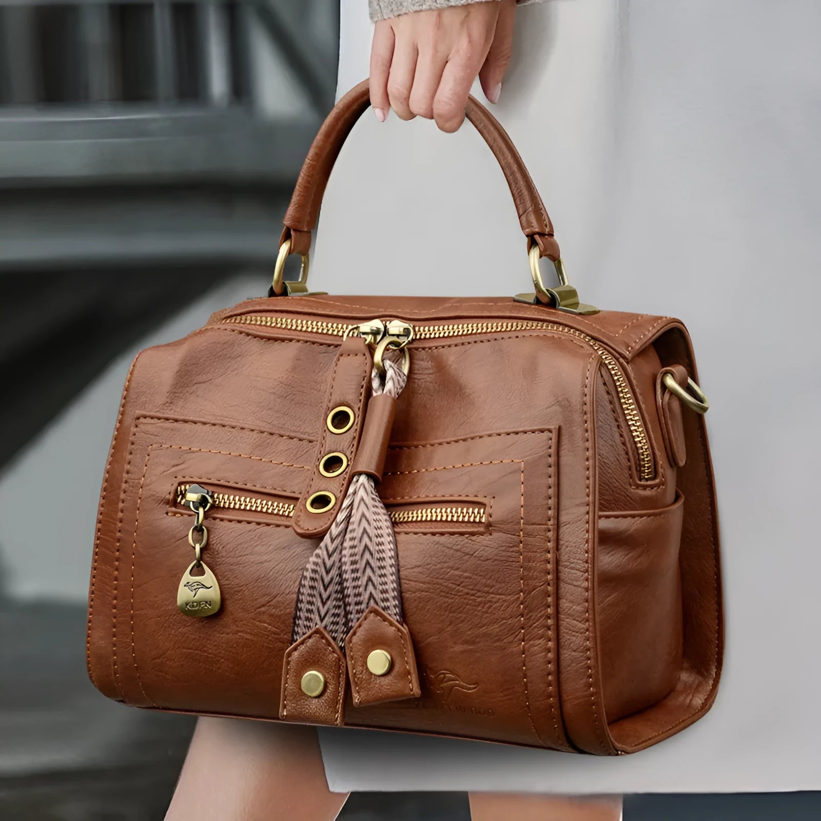 Soft grey PU women's crossbody bag with a horizontal square shape and sandwich pocket.