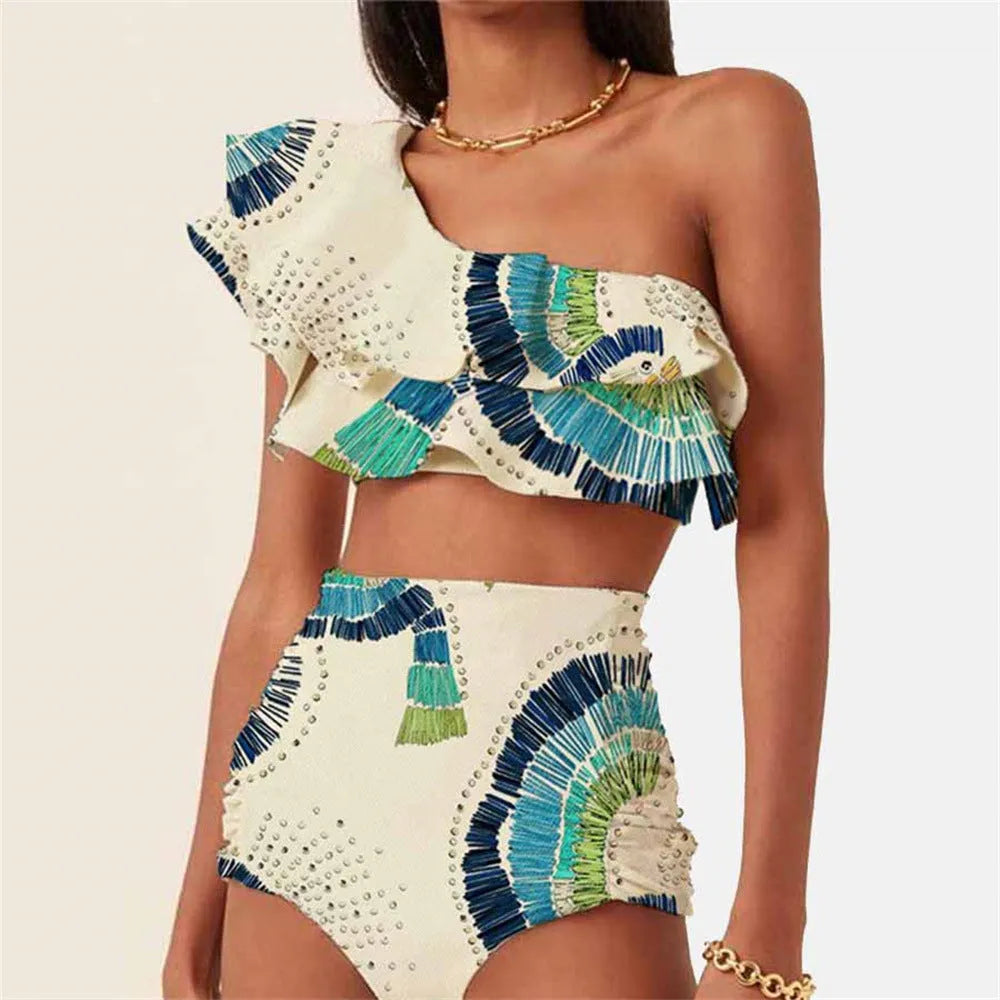 White women's one-shoulder swimsuit with a large decorative lotus leaf layer on the front.
