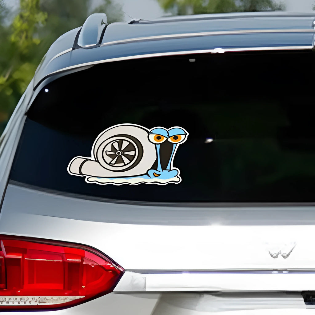 Reflective cartoon snail car bumper sticker measuring 12 by 8 centimetres.