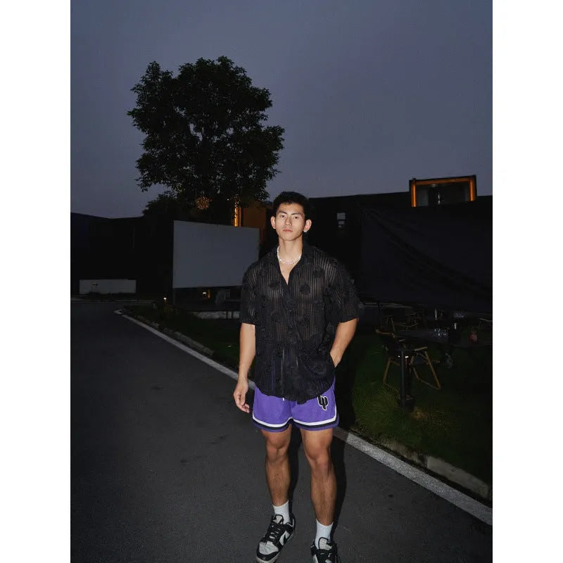 Heavy industry three-dimensional floral short-sleeved shirt in loose fit with wool lining