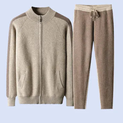 Men's camel cashmere wool blend winter cardigan suit with zip front and matching trousers