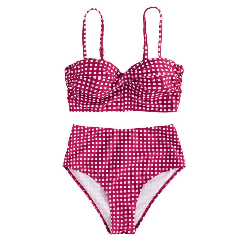 Women's plaid bikini swimsuit with high waist briefs in rose red, shown with matching top.