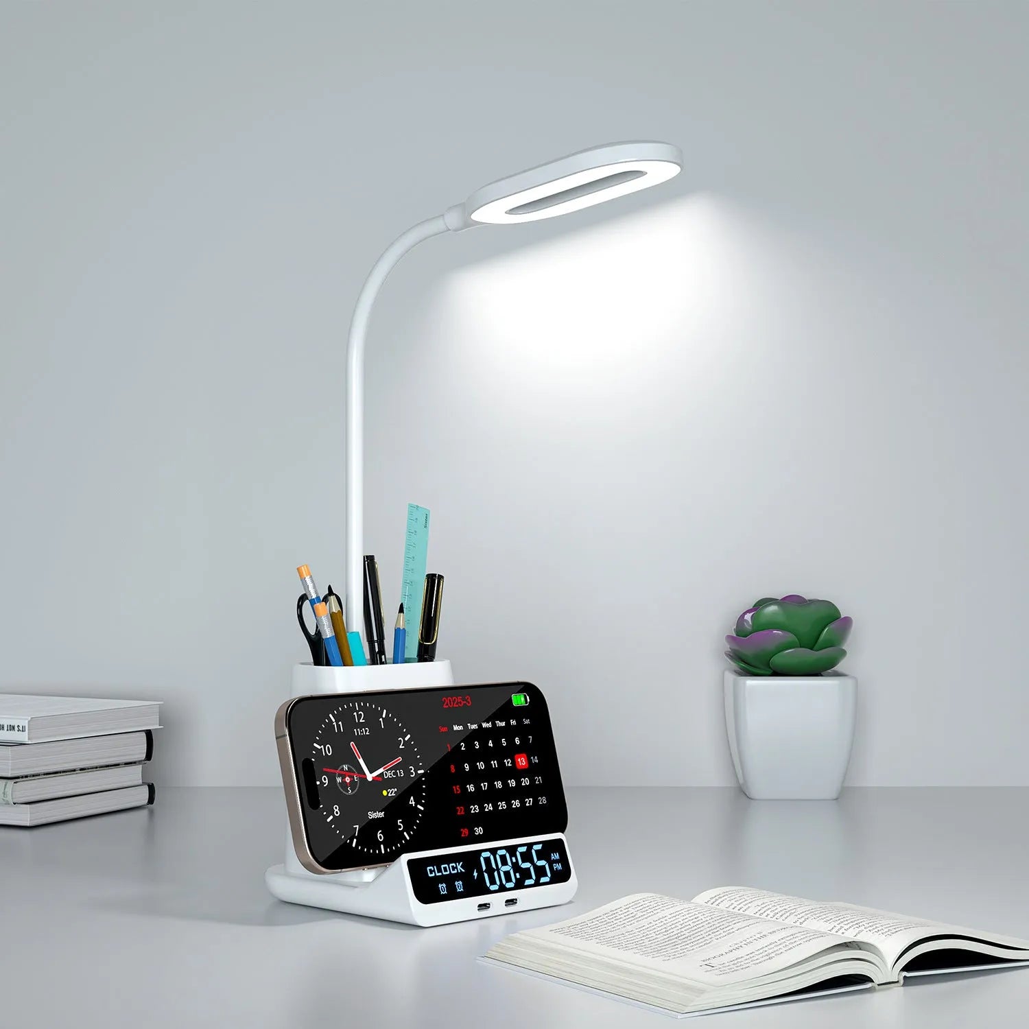 Modern wireless charging desk lamp with pen holder storage box in black and white options