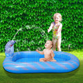 Blue inflatable dinosaur-shaped kids' pool with shark graphics and a water spray jet.