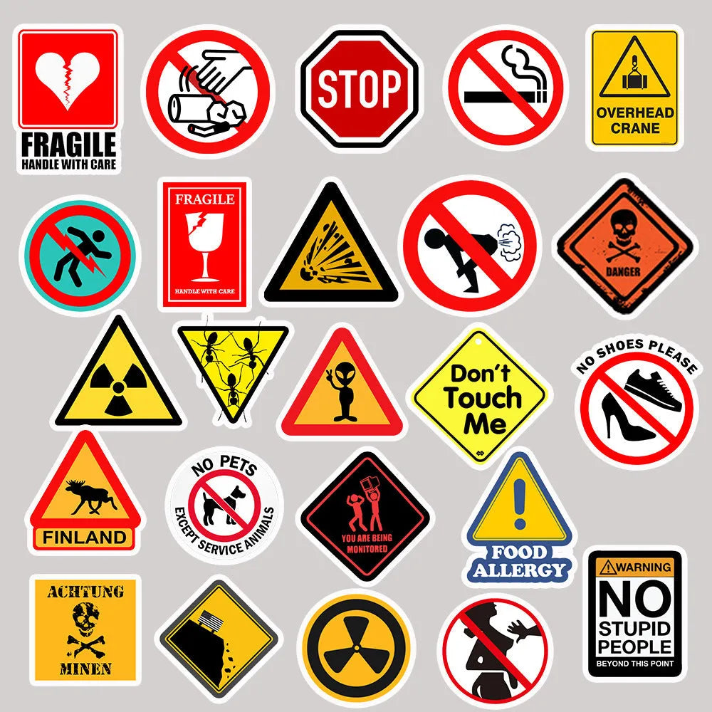 Warning sign stickers 3-6cm self-adhesive 50 pack strong adhesion warning series cartoon stickers