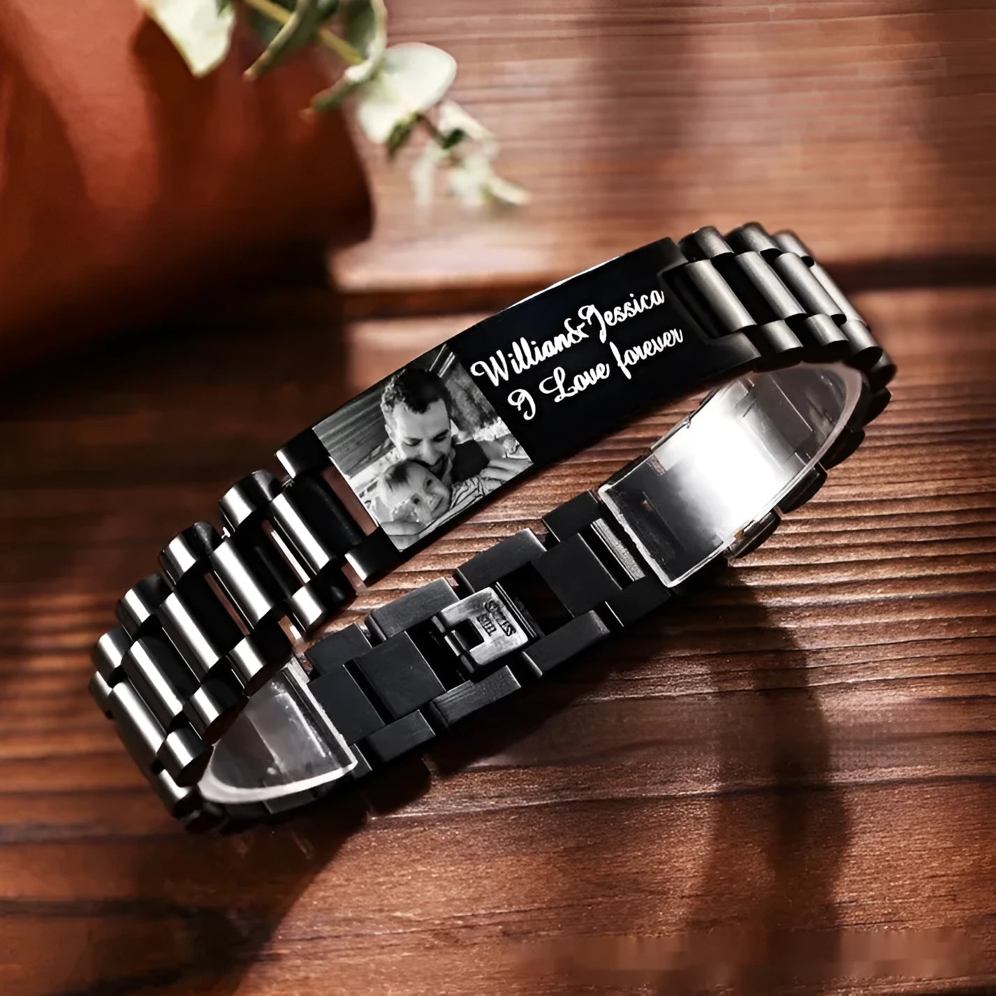 Titanium steel bracelet with curved heart design and personalised lettering in black or grey options