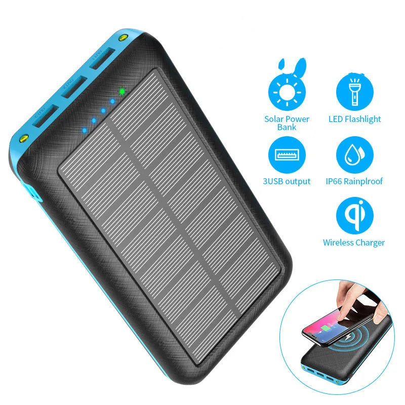 Black wireless power bank with Qi charging pad, three USB ports, and LED flashlight showing capacity display.
