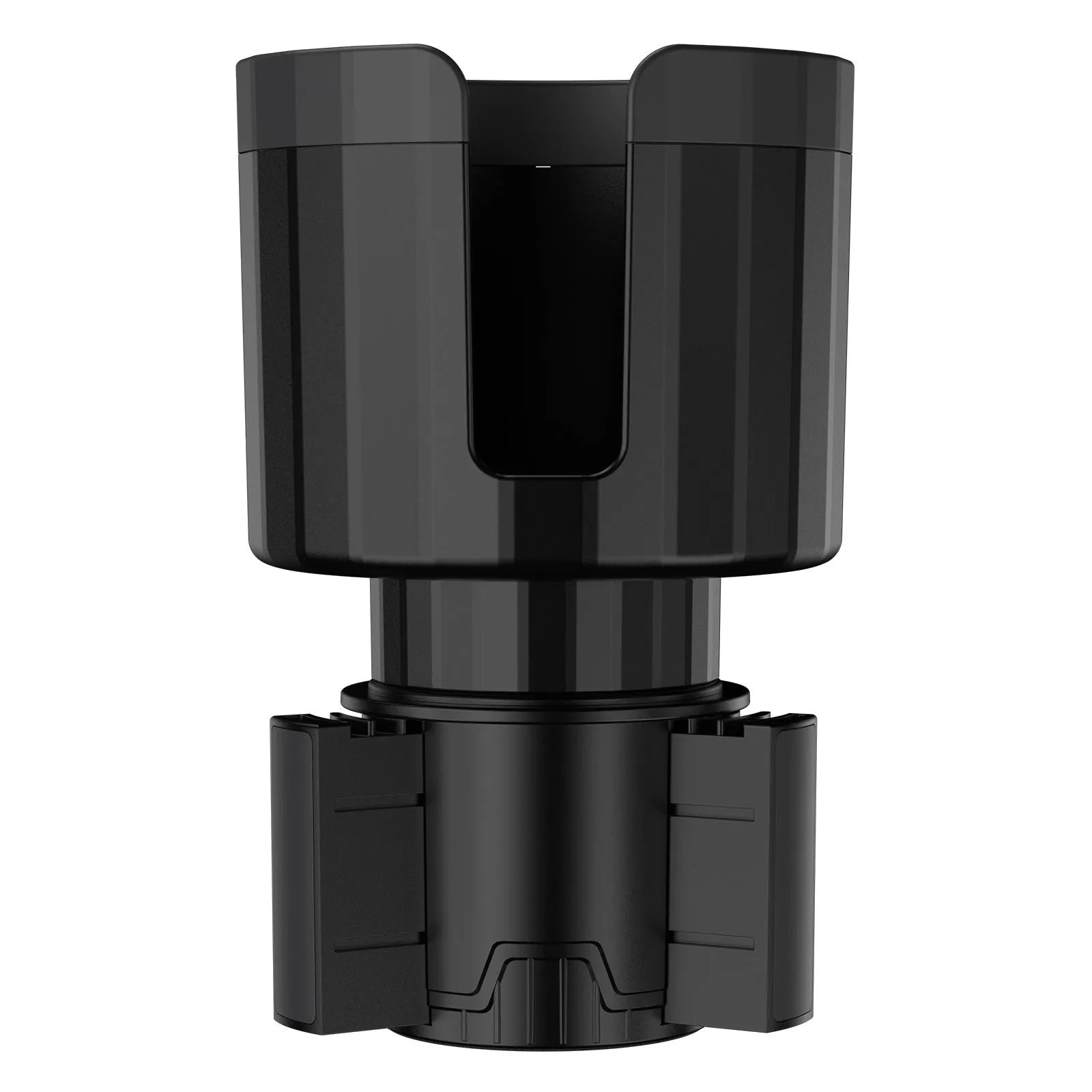 Matte black ABS car cup holder expander with adjustable base for large drink bottles.