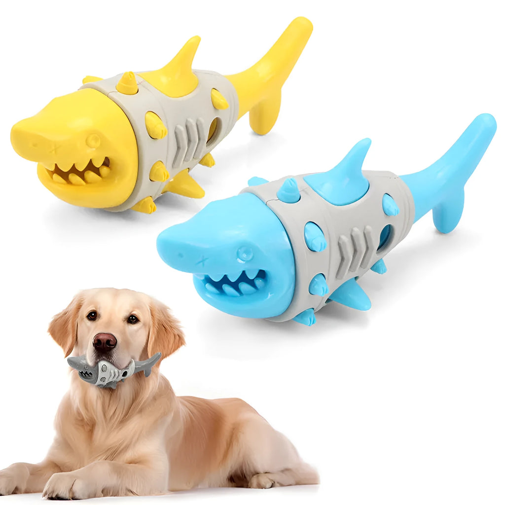 Blue silicone dog teething toy with shark-tooth texture and hollow centre for treats