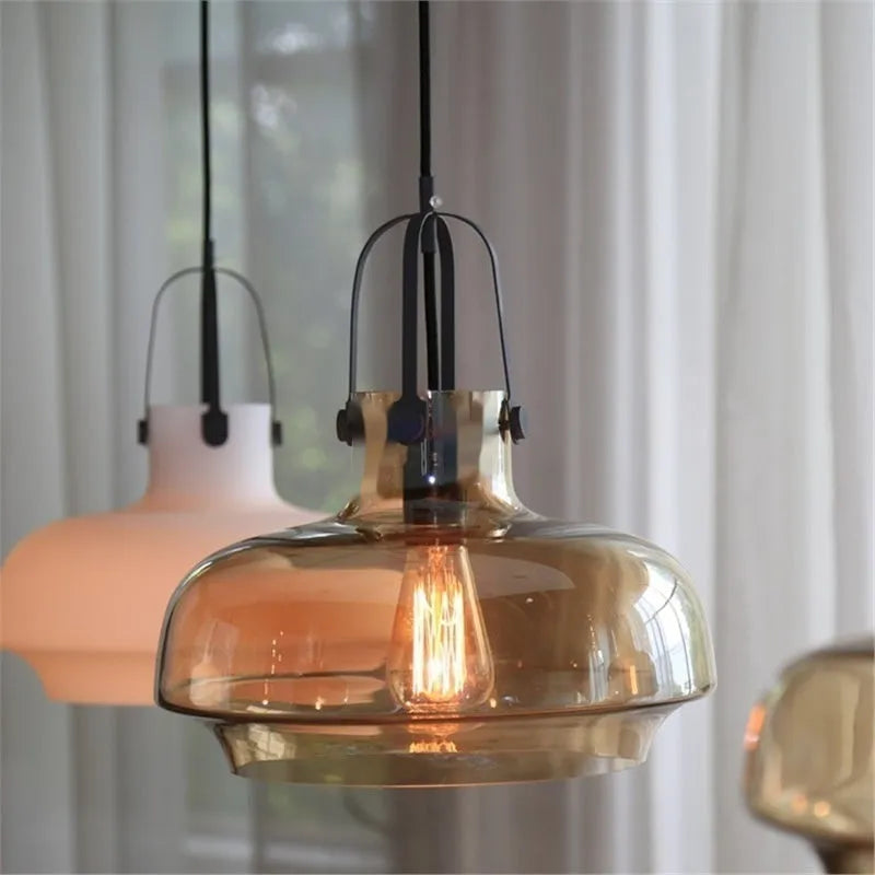 Retro industrial glass chandelier in warm light with transparent shade, 33cm diameter