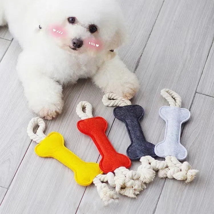 Durable bone-shaped dog rope chew toy with felt cover in four colour options