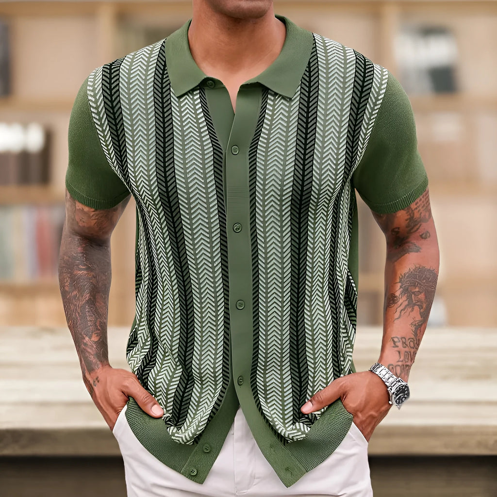 Men's casual striped jacquard sweater in green, short sleeves, regular fit, Tencel viscose blend, summer leisure wear
