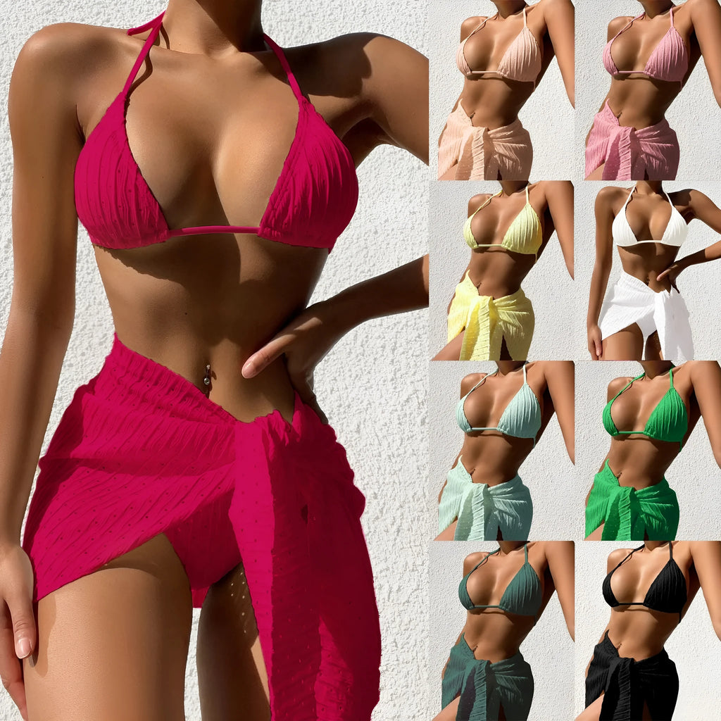 Women's halterneck swimsuit set with mesh skirt in solid colour options