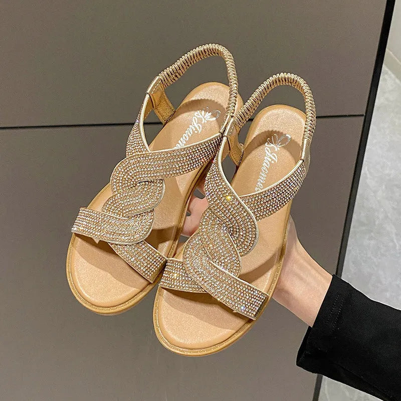 Women's Roman sandals with rhinestones, fish mouth toe, black colour, side view