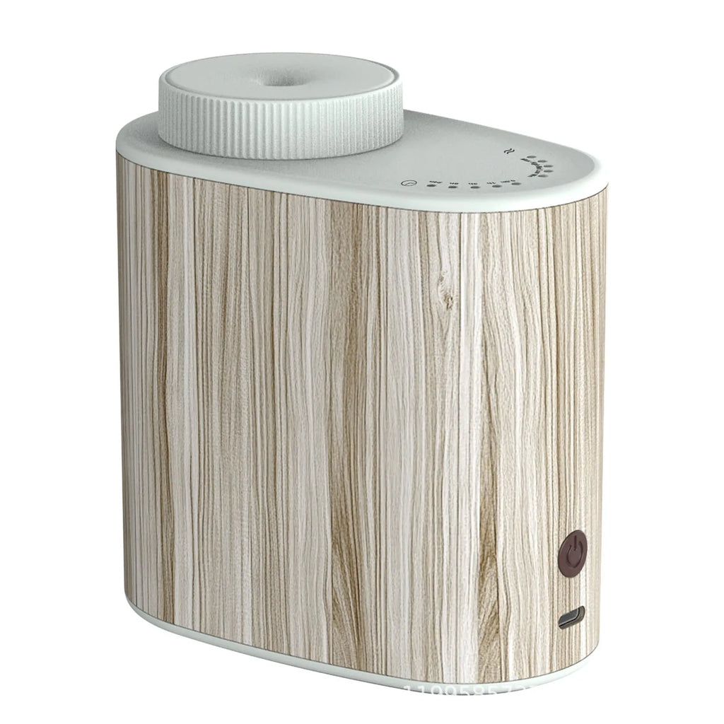 Creative nebulizing diffuser automatic aerosol dispenser with round plastic body, black wood texture finish, USB cable