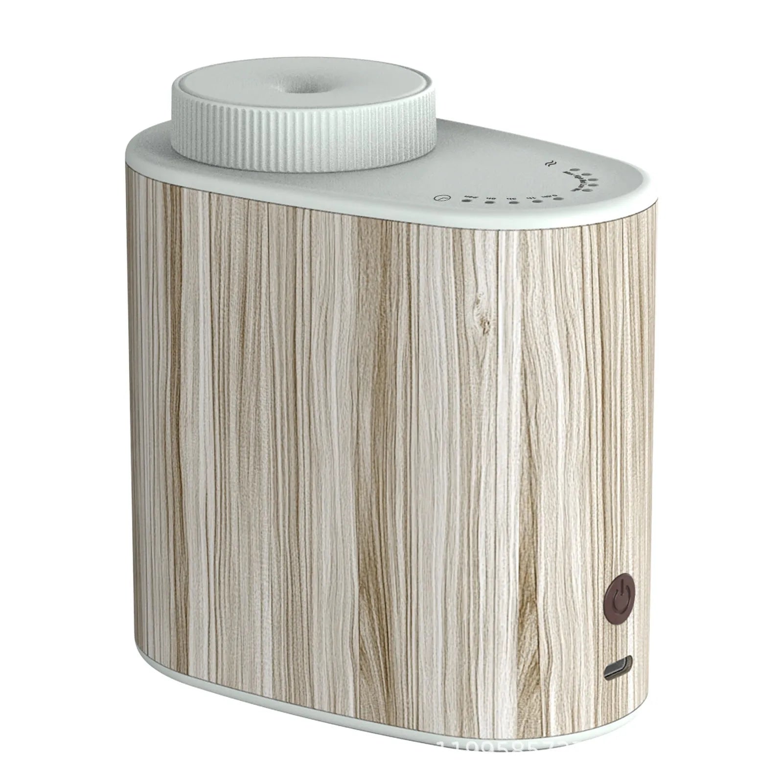 Creative nebulizing diffuser automatic aerosol dispenser with round plastic body, black wood texture finish, USB cable