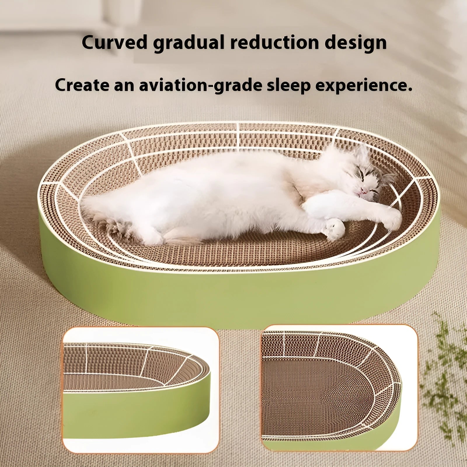 Green oval corrugated paper cat scratch board and nest measuring 55cm diameter
