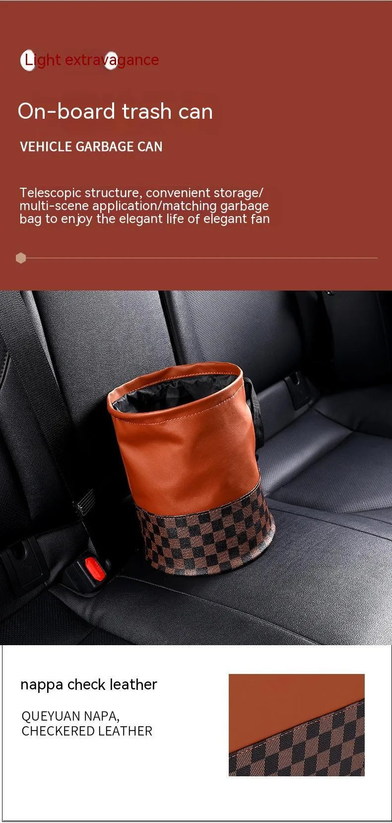 Leather retractable car trash can shown in product picture with foldable design