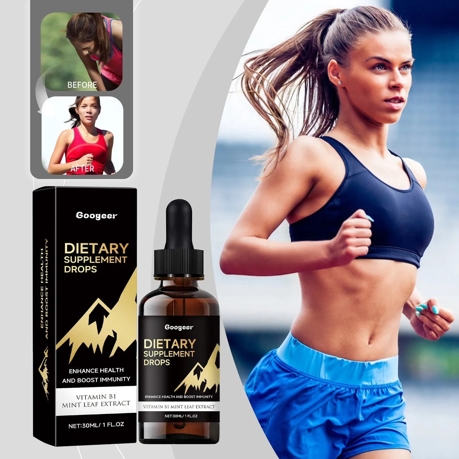 30ml bottle of clear dietary supplement drops with a dosage dropper on a white background.