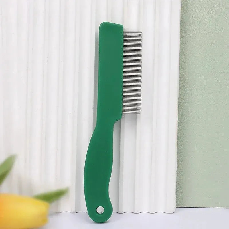 Green pet flea comb with stainless steel pins and plastic handle for dog and cat grooming