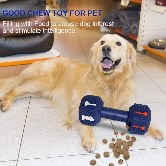 Black hollow dumbbell-shaped dog chew toy with textured ends on a plain background.