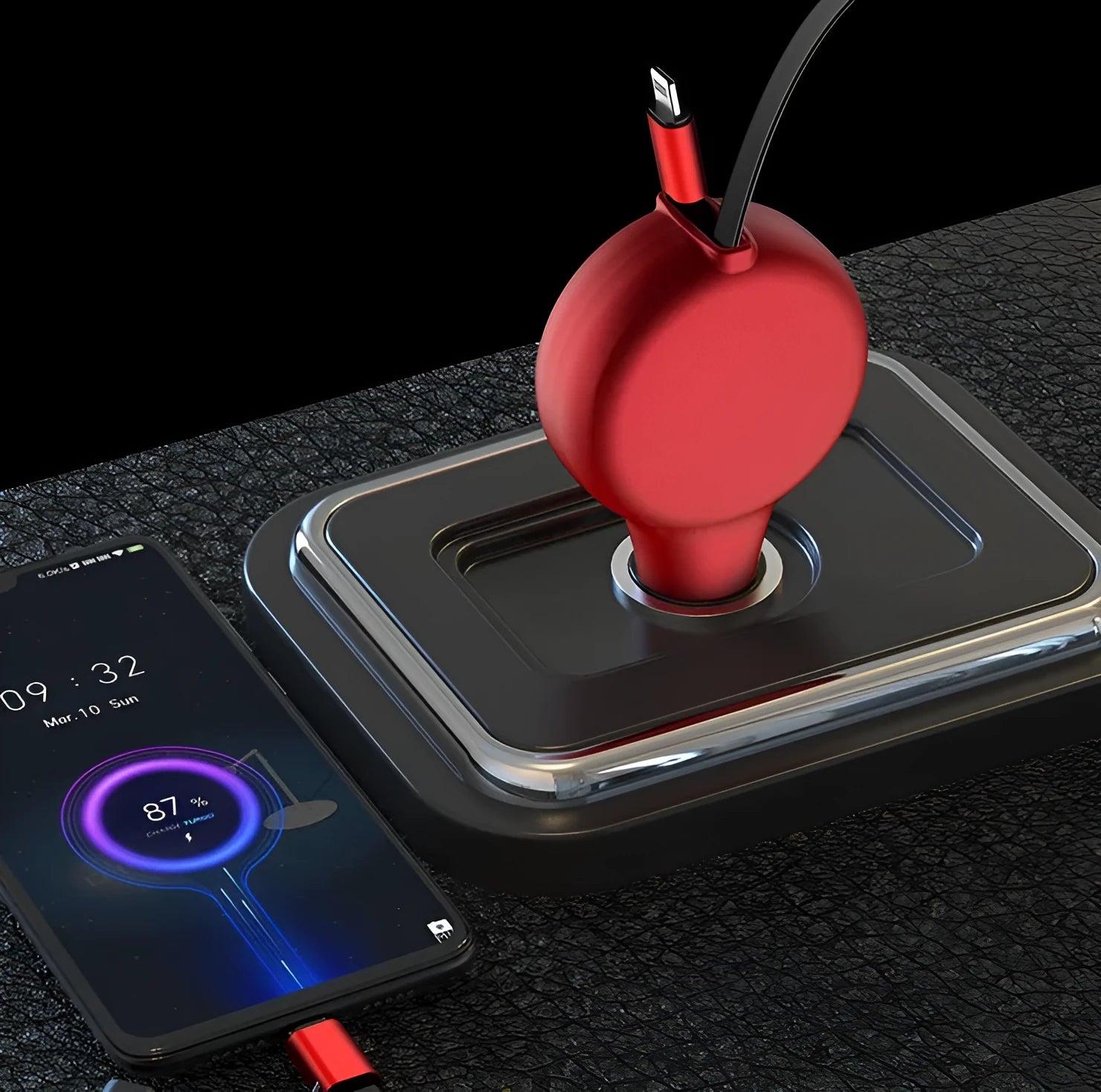 Black retractable car charger with extended cables showing dual USB ports and compact design