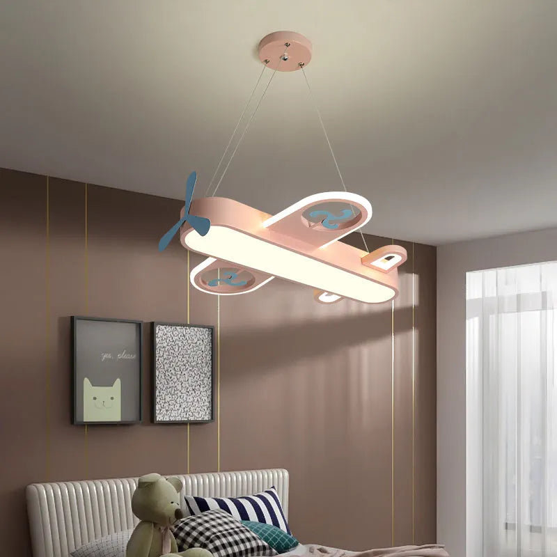 Blue or pink cartoon plane LED chandelier with iron frame and aluminium alloy body for children's room ceiling