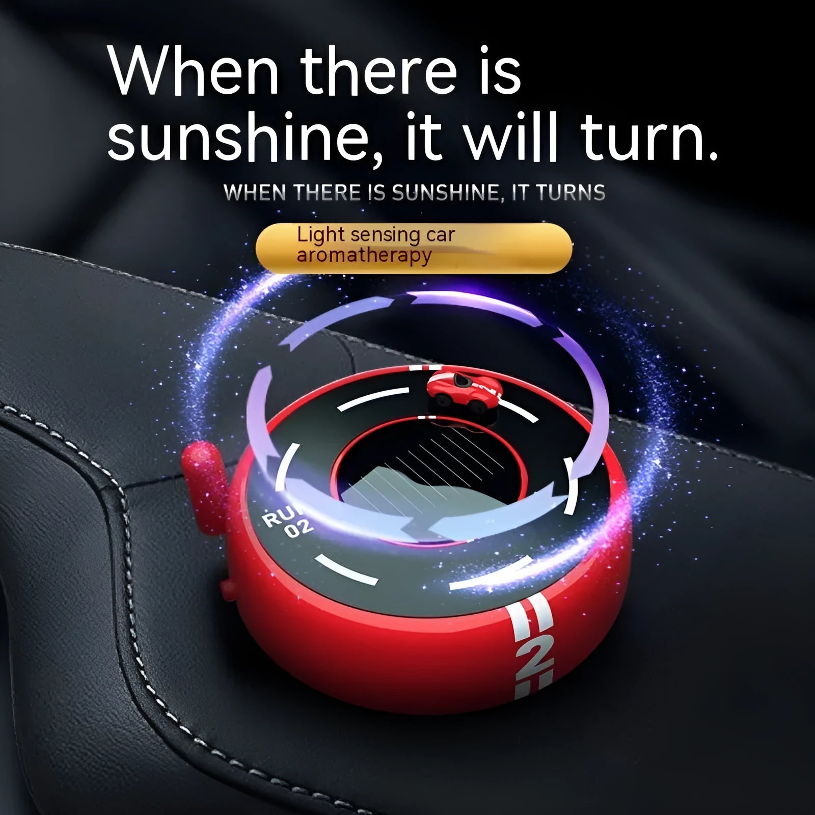 Round car-shaped solar aromatherapy decoration for vehicle interiors in choice of colours