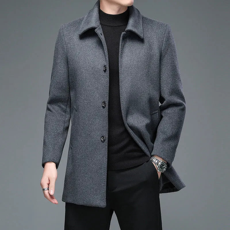 Mid-length wool blend trench coat with lapel collar in navy blue, Korean slim fit