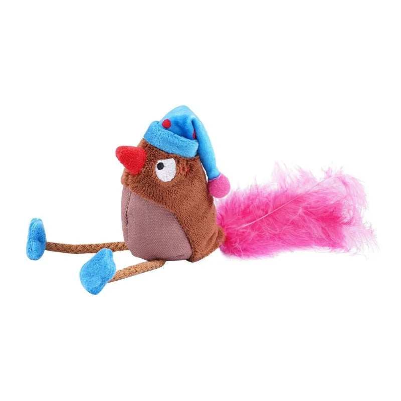 Bird-shaped catnip cat toy made from fleece cloth and woven fabric in two colour options