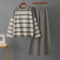 Casual striped loose sweater and wide leg pants two-piece set for women in brown