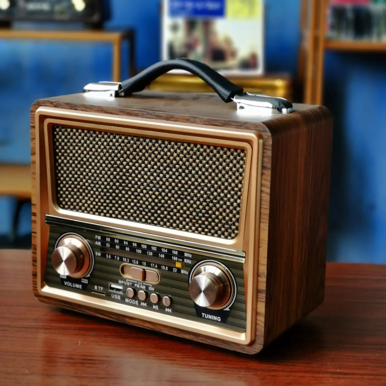 Pure wooden case radio Bluetooth speaker with FM AM SW3 bands, built-in rechargeable battery, and solar charging jack - mixed colour finish