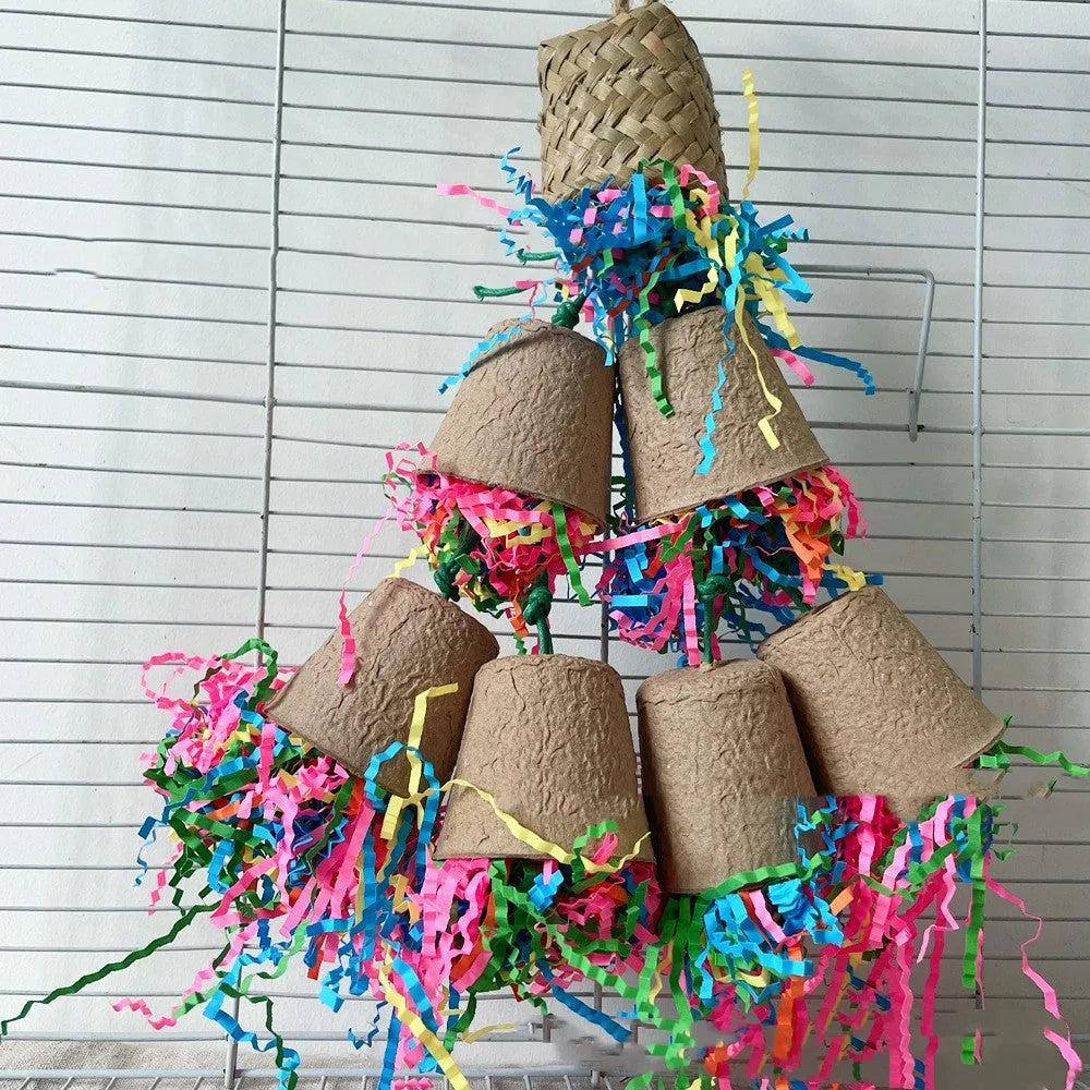 Parrot gnawing toy with palm weaving paper cup design hanging in cage