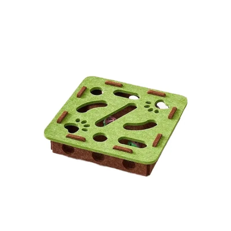 Square green brown felt cat toy box with a round hole in the centre.