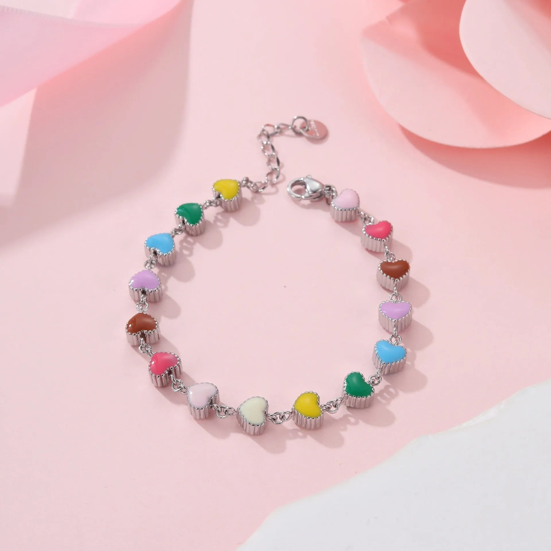Women's stainless steel bracelet with colourful oil heart pendant on 32cm chain