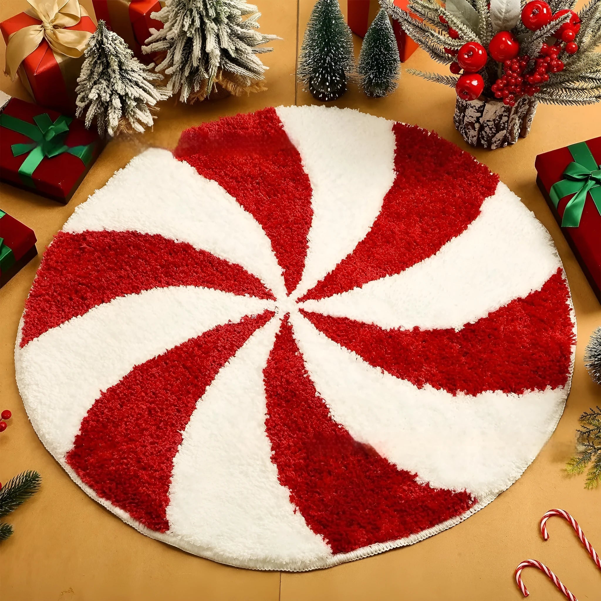 Round Christmas carpet with festive blanket design on floor beside holiday decorations
