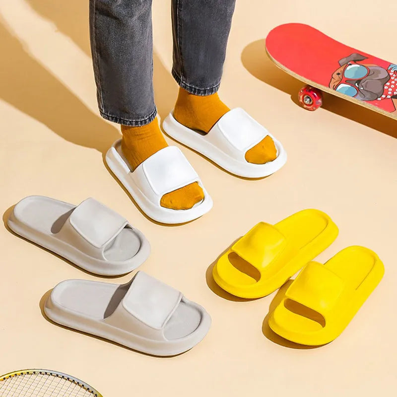 EVA flip-flop slippers with a thick sole in multiple colour options on a white background.