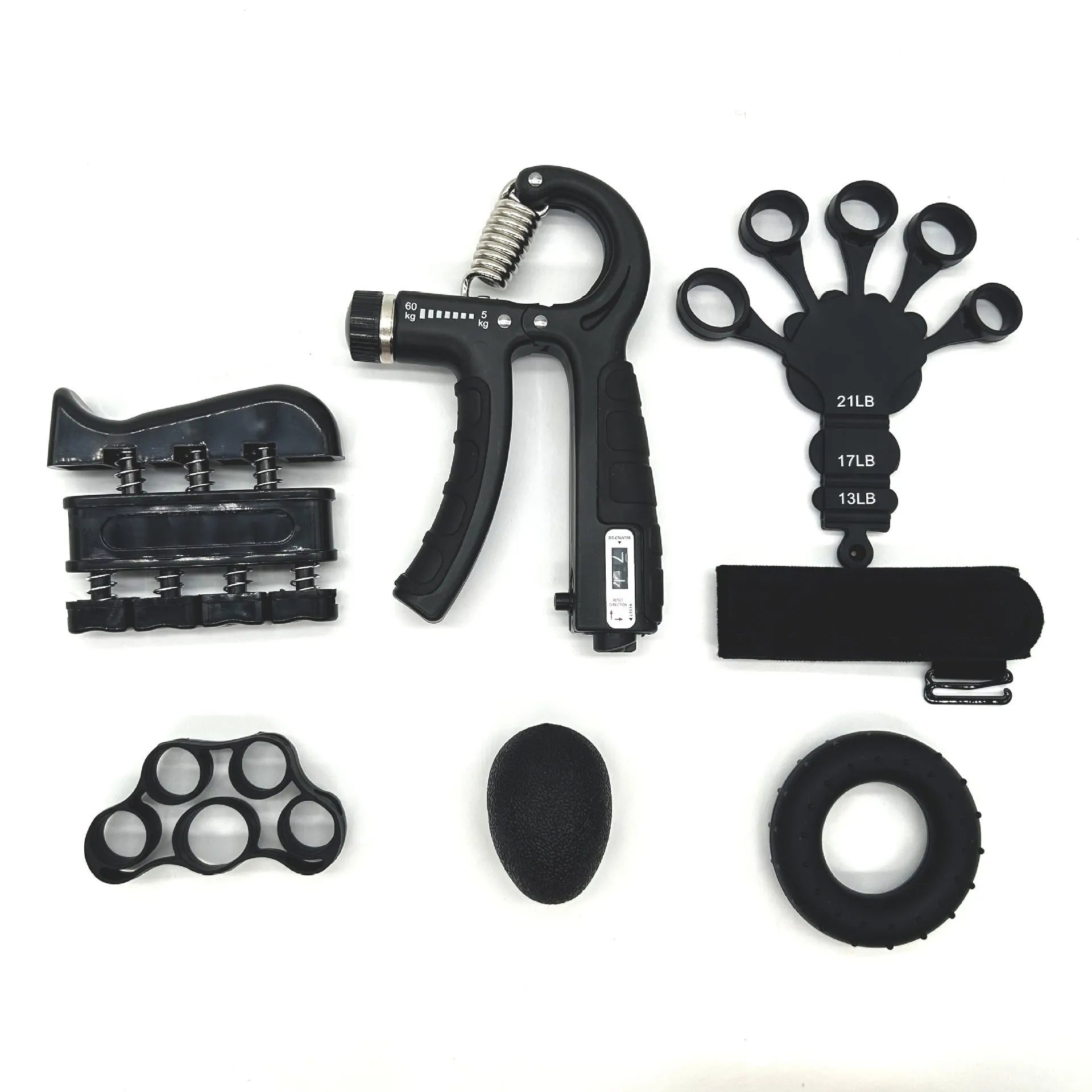 Adjustable count spring grip five-piece set with counting grip, piano grip, five finger trainer, silicone hand grip, and TPE egg ball in black